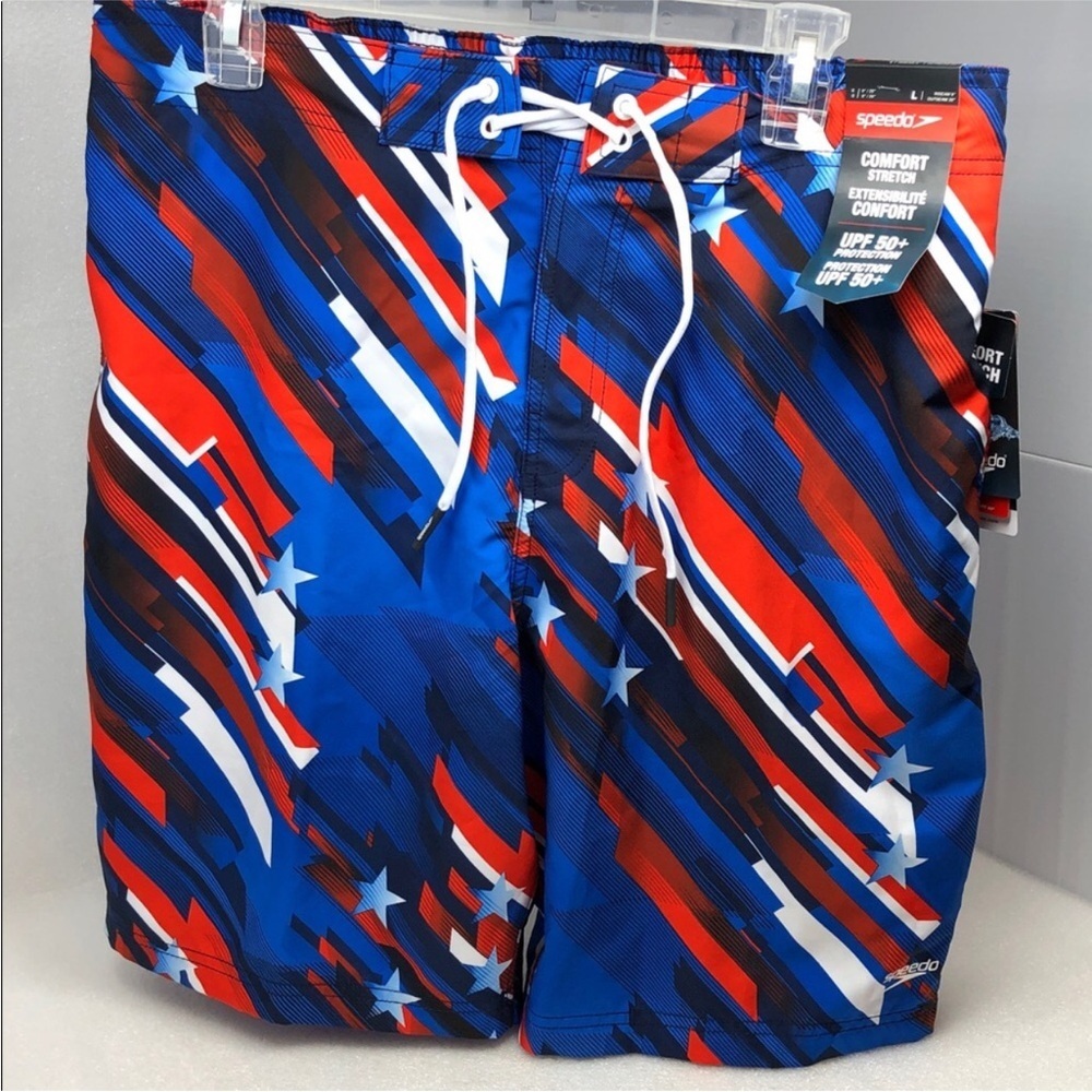 NEW Speedo BoardShorts Bondi 9” White Blue Red Stretch Swim Trunk UPF 50+ Size L